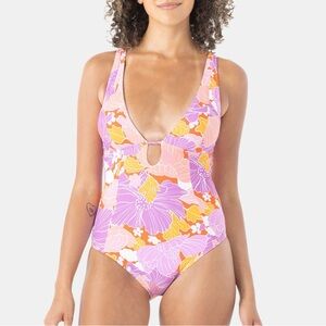 Roxy Bell Bottom Blooms Plunge One Piece Swimsuit Size M